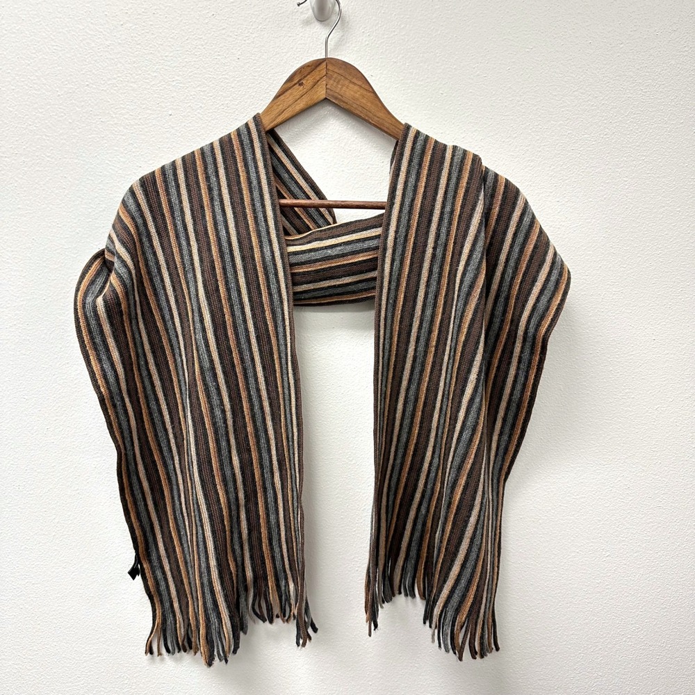 Altea Milano Striped Wool Scarf Muffler Fringed Brown Black Tan Gray 64 x 10